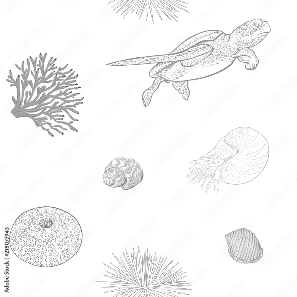 Sea world seamless pattern, background with fish, corals and shells on white background. Stock vector illustration. In monochrome gray colors Sea world seamless pattern, background with fish, corals and shells on white background. Stock vector illustration. In monochrome gray colors