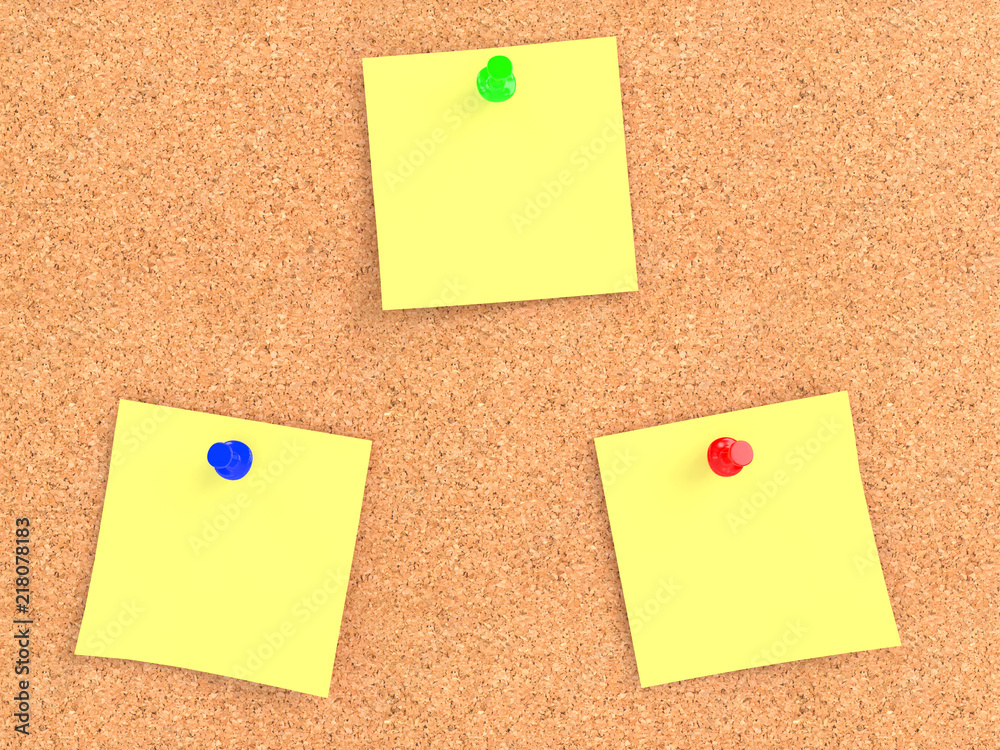 Empty cork board (noticeboard) with yellow sticky notes. Mockup template - 3D rendering Empty cork board (noticeboard) with yellow sticky notes. Mockup template - 3D rendering