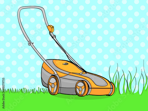 pop art background, blue. Electro machine, lawn mower. We remove the grass. vector