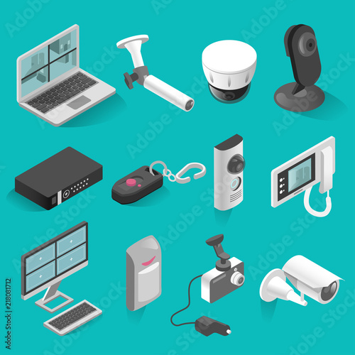 Security system vector isometric isolated elements set