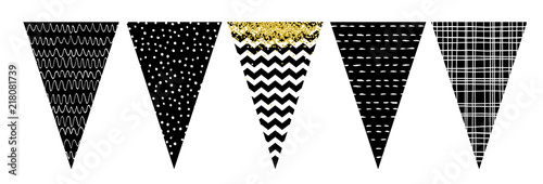 Flag Banner Set. Vector Graphic. Party Decoration. Do It Yourself. Various Designs. Cute Infantile Design. Hand Drawn White Design on a Black Backgrounds. Golden Confetti. Party Garland Elements.