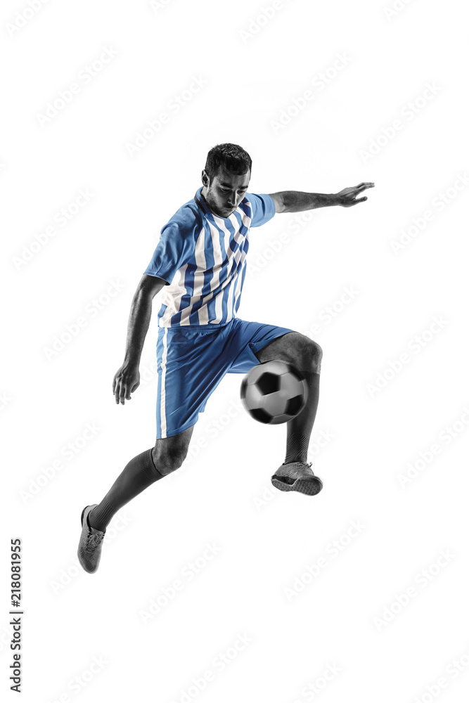 Fototapeta premium Professional football soccer player with ball isolated on white studio background