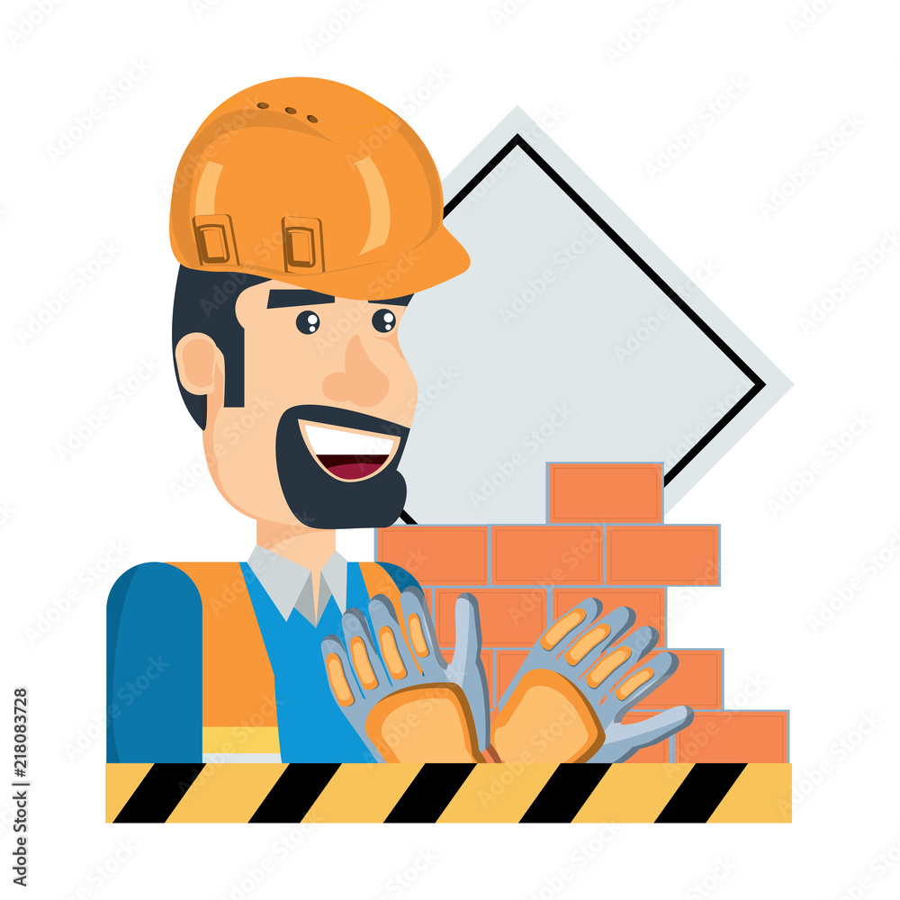 under construction design with construction worker and related icons over white background, vector illustration