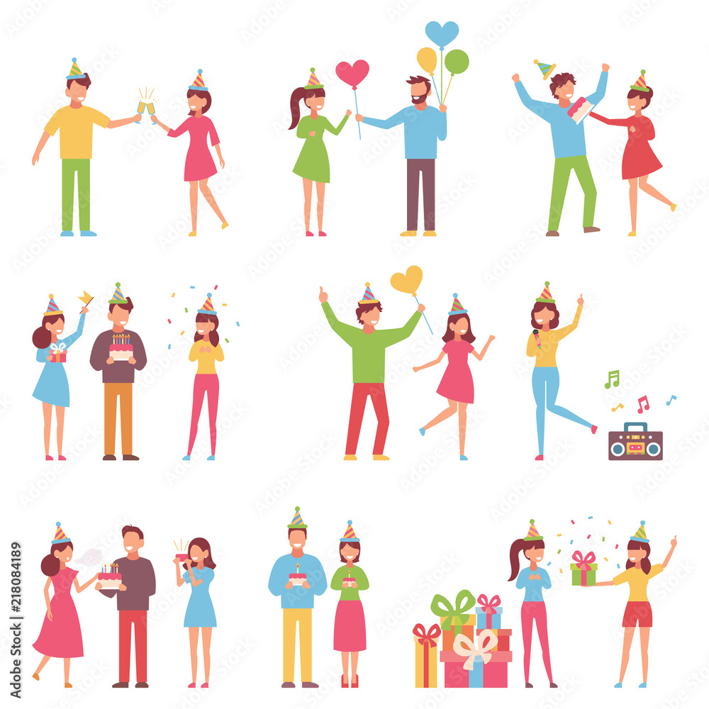 Vector background in a flat style of group of happy best friends singing and celebrating birthday party
