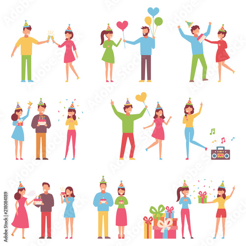 Vector background in a flat style of group of happy best friends singing and celebrating birthday party
