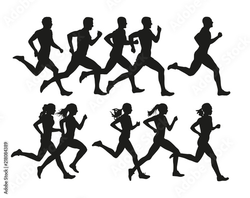 Running people  vector isolated silhouettes. Run  men and women