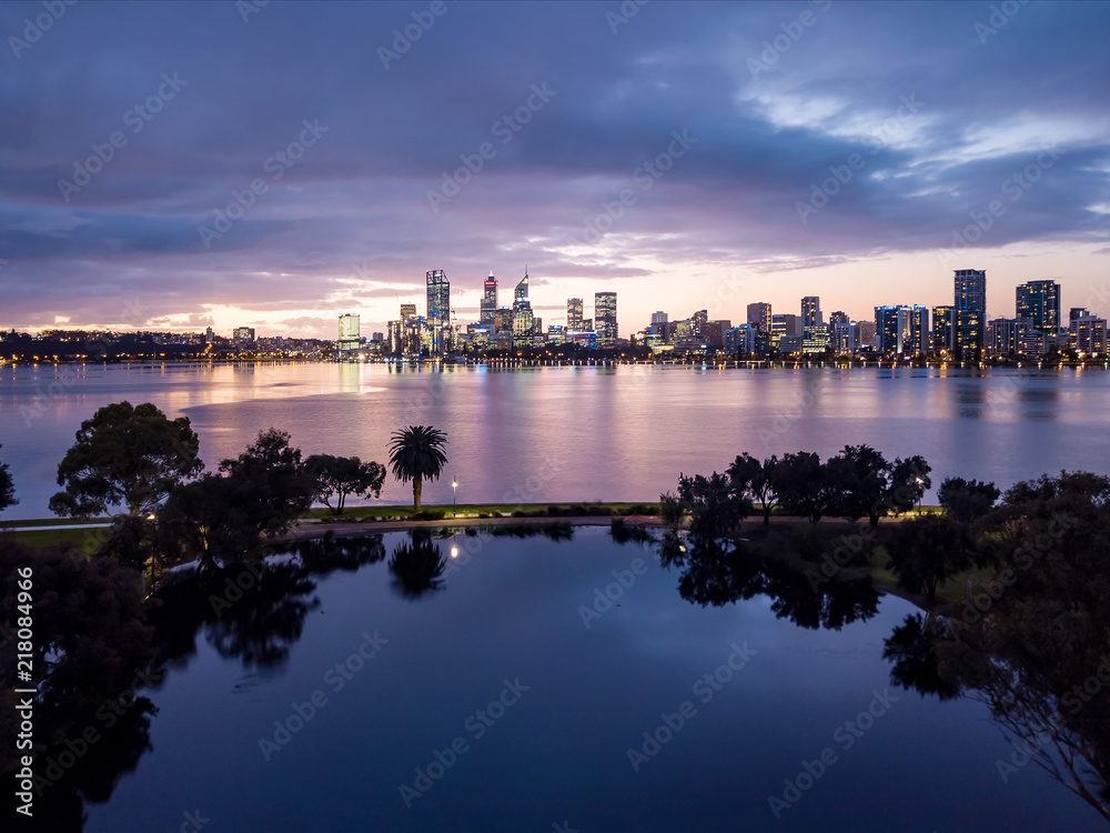 Perth City skyline viewed from South Perth across the Swan River. Western Australia, Australia.