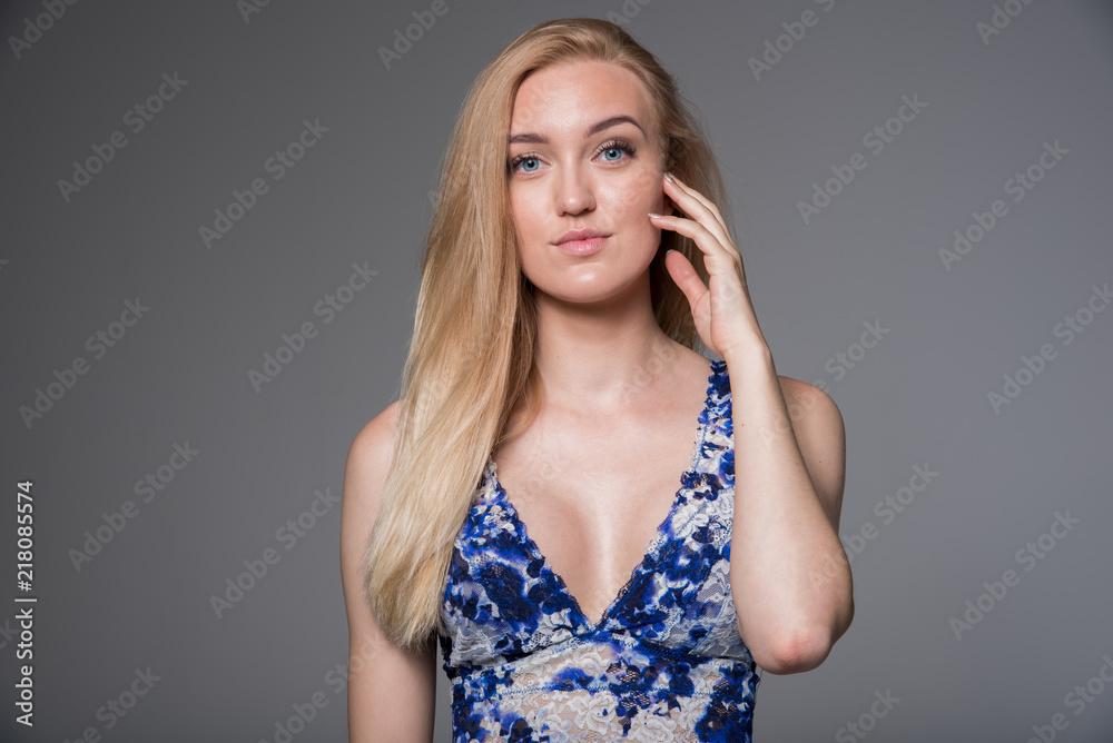 Blond model in blue Blond model in blue