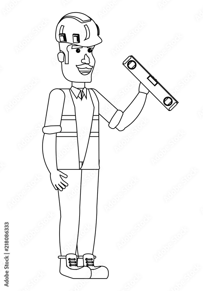 Obraz premium cartoon construction worker holding a spirit level over white background, vector illustration