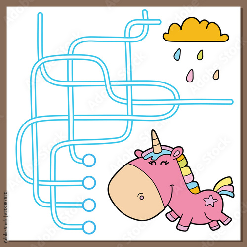 Magic unicorn maze educational  game. Vector illustration of maze(labyrinth) educational  game with cute cartoon rainbow unicorn for children