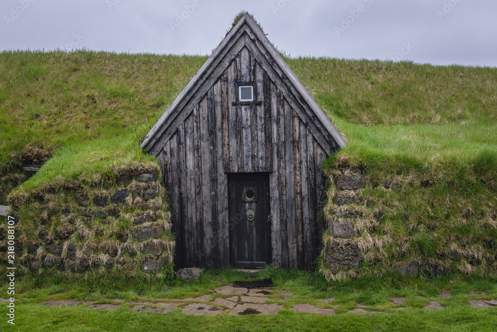 Traditional turf house in Keldur historical farm in Southern Iceland