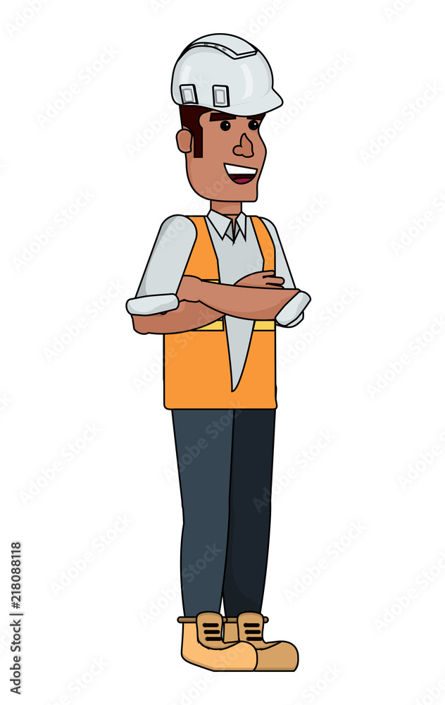 construction man with safety helmet and vest over white background, vector illustration construction man with safety helmet and vest over white background, vector illustration