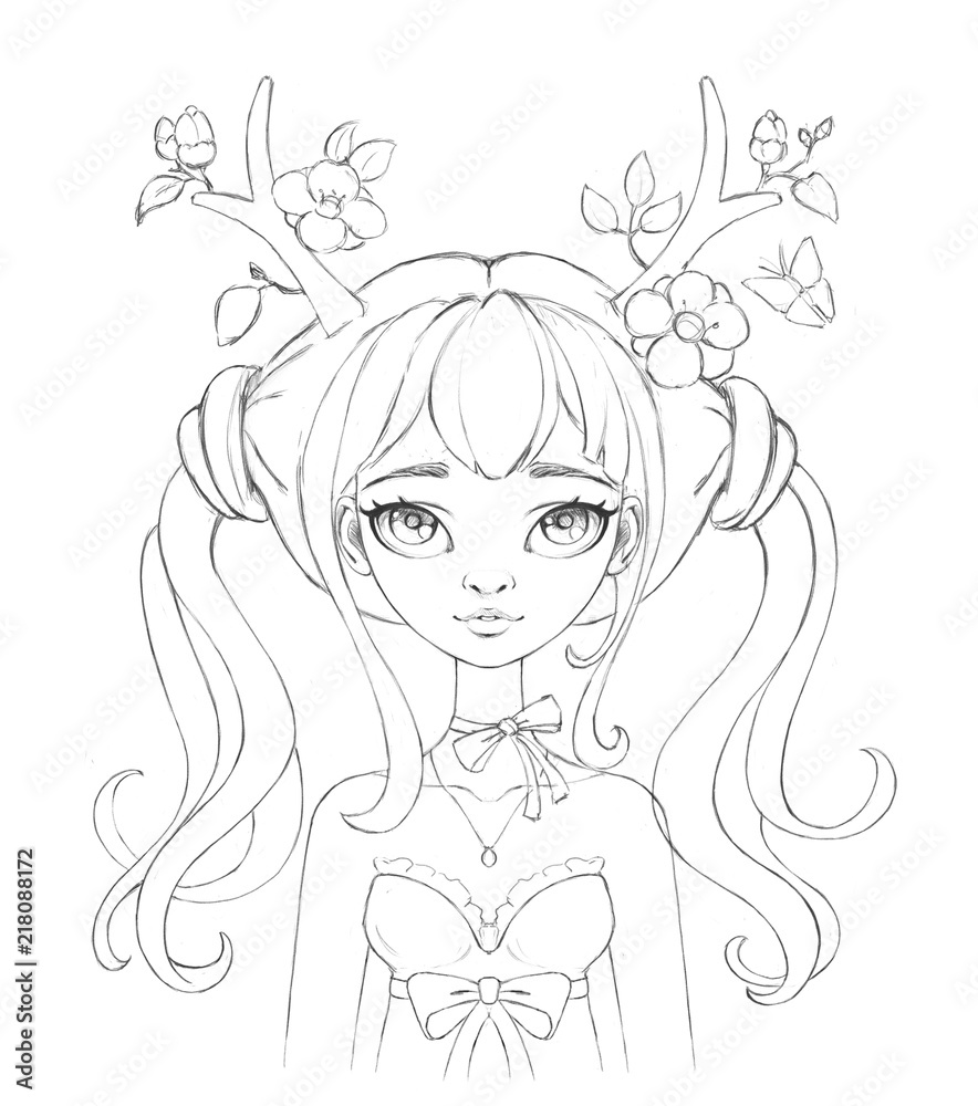 Hand drawn portrait of a beautiful young woman with two tails wearing floral antlers. Female portrait. Druid girl with a bow on her neck. Deer girl. Line art. Freehand sketch girl on white background. Hand drawn portrait of a beautiful young woman with two tails wearing floral antlers. Female portrait. Druid girl with a bow on her neck. Deer girl. Line art. Freehand sketch girl on white background.