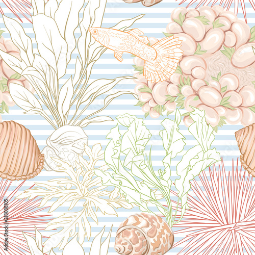 Sea world seamless pattern, background with fish, corals and shells on blue and white stripes background. Stock vector illustration. Colored and outline disign.