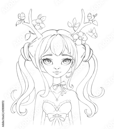 Hand drawn portrait of a beautiful young woman with two tails wearing floral antlers. Female portrait. Druid girl with a bow on her neck. Deer girl. Line art. Freehand sketch girl on white background.