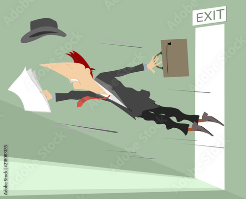 Young man flies out from the open door isolated illustration. Man with bag and documents flies out from the open door
