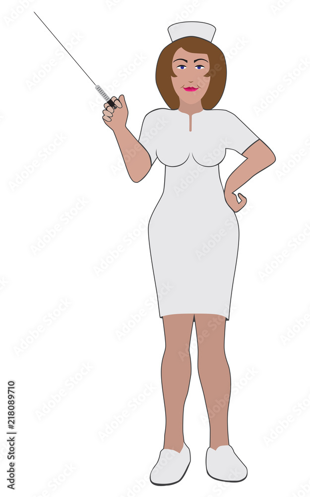 A smiling nurse is about to give an injection with a huge syringe A smiling nurse is about to give an injection with a huge syringe