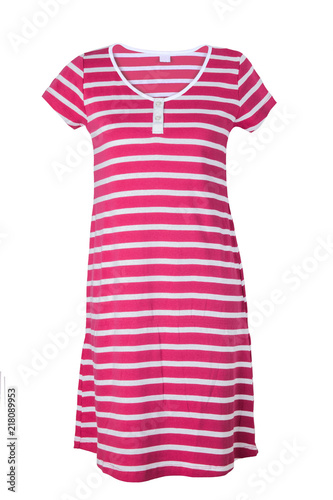 Fashionable summer clothes isolated on a white background. Red white striped summer dress. Summer fashion.