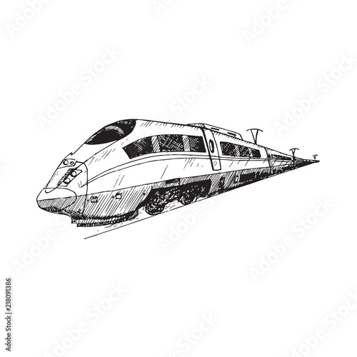 High speed train, hand drawn doodle sketch, isolated vector outline illustration