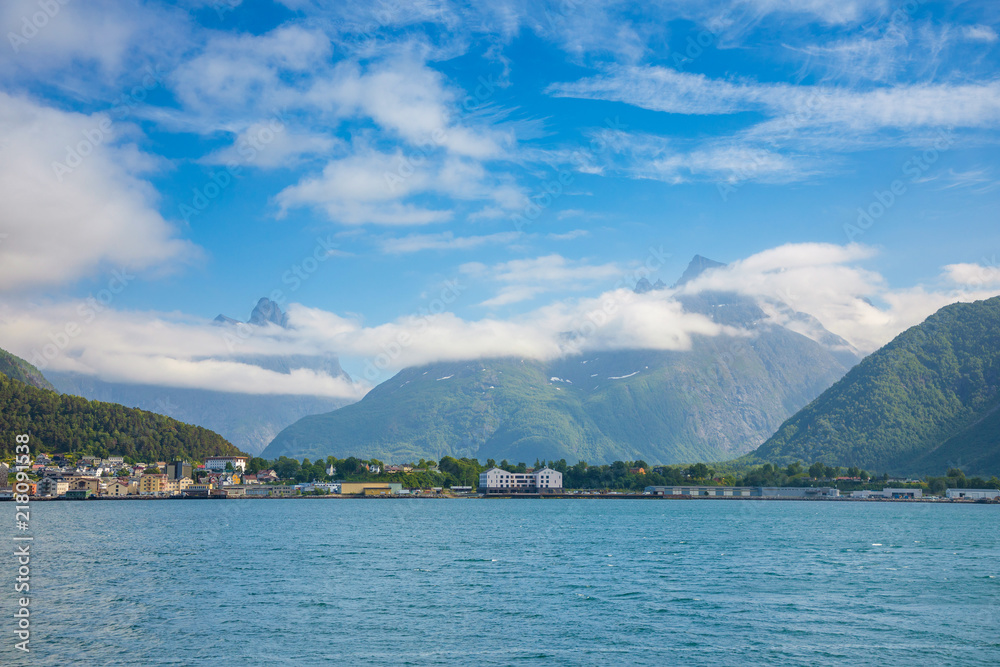 Panorama of nature view with fjord Romsdalsfjorden and mountains in Norway