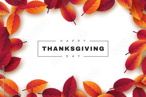 Happy Thanksgiving holiday design with bright autumn leaves and greeting text. White background. Vector illustration.
