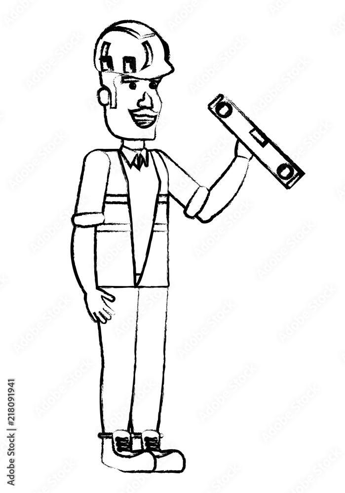 cartoon construction worker holding a spirit level over white background, vector illustration
