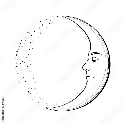 Waxing Crescent Moon with a face of handsome young man. Hand drawn vector illustration in vintage style