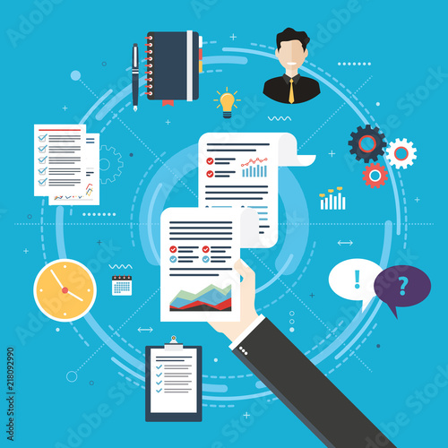 Report with investment data and graphs of growth on sheet of paper in the hands of a businessman. Contact agenda icon, speech bubble, documents and business icons. Flat design vector illustration.