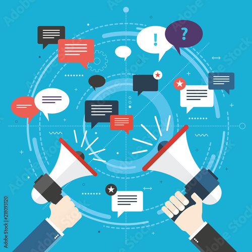 Hands holding a megaphones. Notice or announcement, promotion a product, service or event and message icons and comments. Flat design vector business illustration concept.