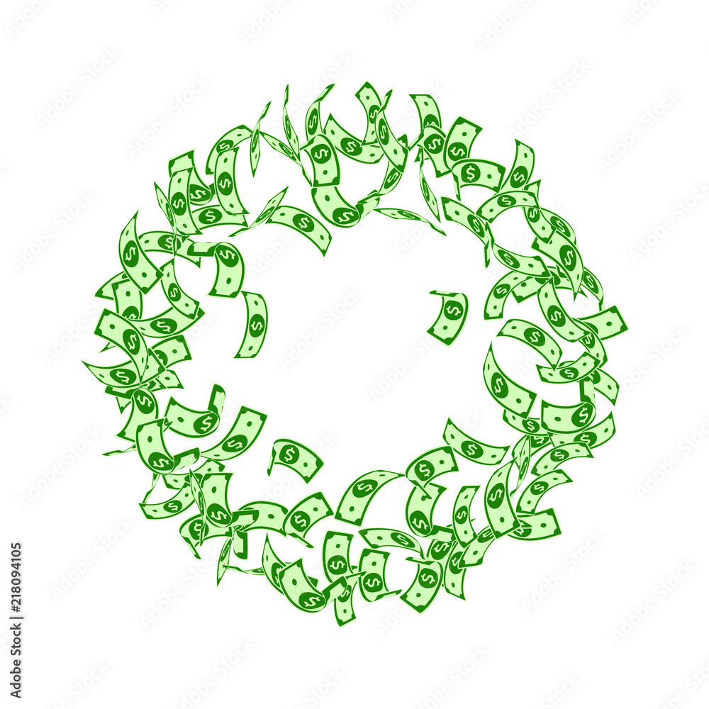 American dollar notes falling. Small USD bills on white background. USA money. Cool vector illustrat American dollar notes falling. Small USD bills on white background. USA money. Cool vector illustrat