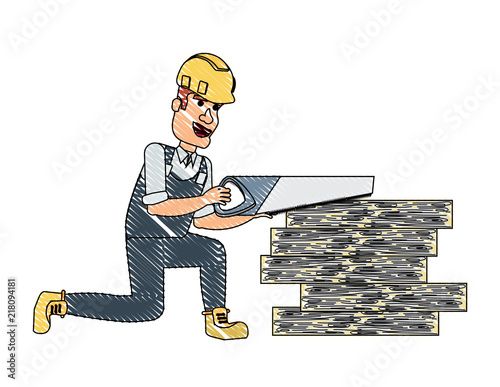 cartoon construction worker with saw and wood boards over white background, vector illustration