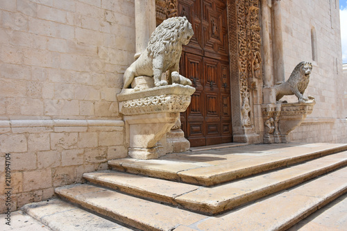 Italy, Puglia region, Altamura,  Cathedral of Santa Maria Assunta, gate and sculptures of the main façade. Medieval steps at the entrance
