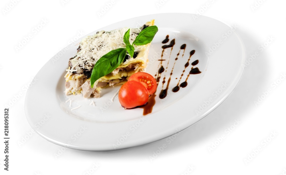 Closeup of Lasagna with Chicken and Mushrooms Closeup of Lasagna with Chicken and Mushrooms