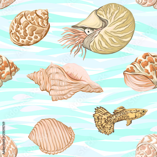 Sea world seamless pattern, background with fish, corals and shells on blue sea background. Stock vector illustration.