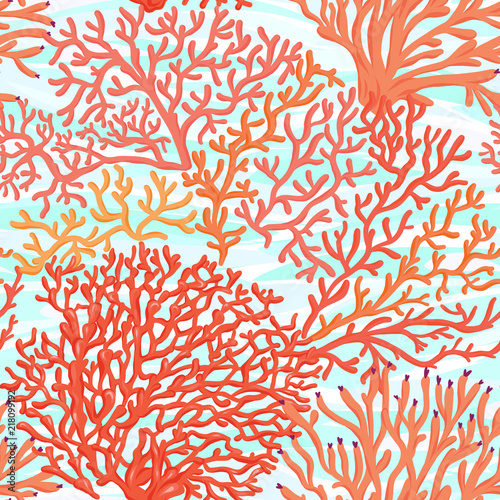 Sea world seamless pattern, background with fish, corals and shells on blue sea background. Stock vector illustration.