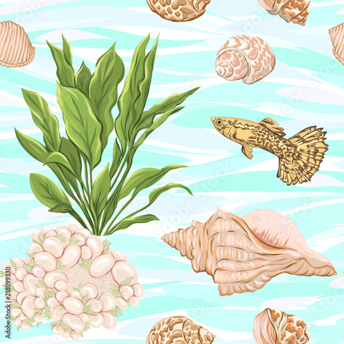 Sea world seamless pattern, background with fish, corals and shells on blue sea background. Stock vector illustration.