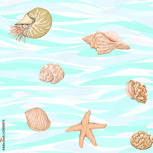 Sea world seamless pattern, background with fish, corals and shells on blue sea background. Stock vector illustration.
