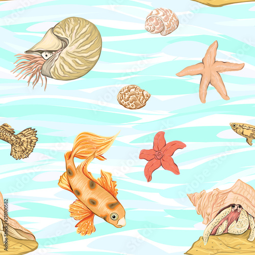 Sea world seamless pattern, background with fish, corals and shells on blue sea background. Stock vector illustration.