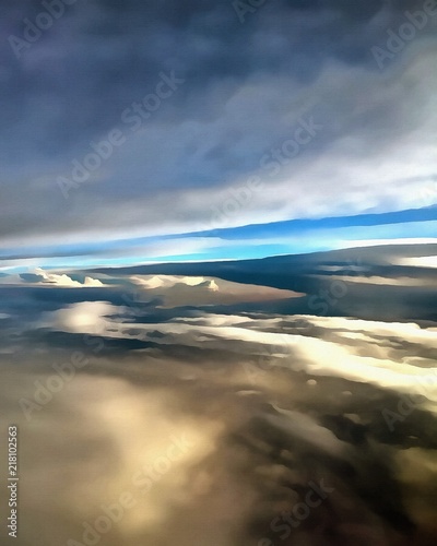 Oil painting. Art print for wall decor. Acrylic artwork. Big size poster. Watercolor drawing. Modern style fine art. Beautiful celestial landscape. Wonderful view from the airplane window.