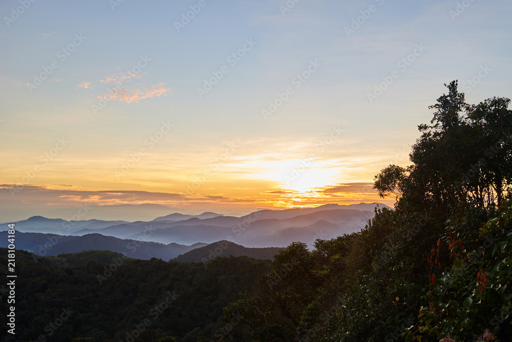 The landscape photo, beautiful fog in morning time. Summer sunrise. Fog cover trees in the foreground and curly clouds mountains in the background. Travel and vacation concept. Beautiful scenery.. The landscape photo, beautiful fog in morning time. Summer sunrise. Fog cover trees in the foreground and curly clouds mountains in the background. Travel and vacation concept. Beautiful scenery..