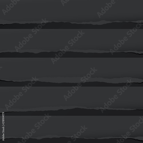 Black oblong paper strips with torn edges in horizontal position, paper for note are on black background. Vector illustration