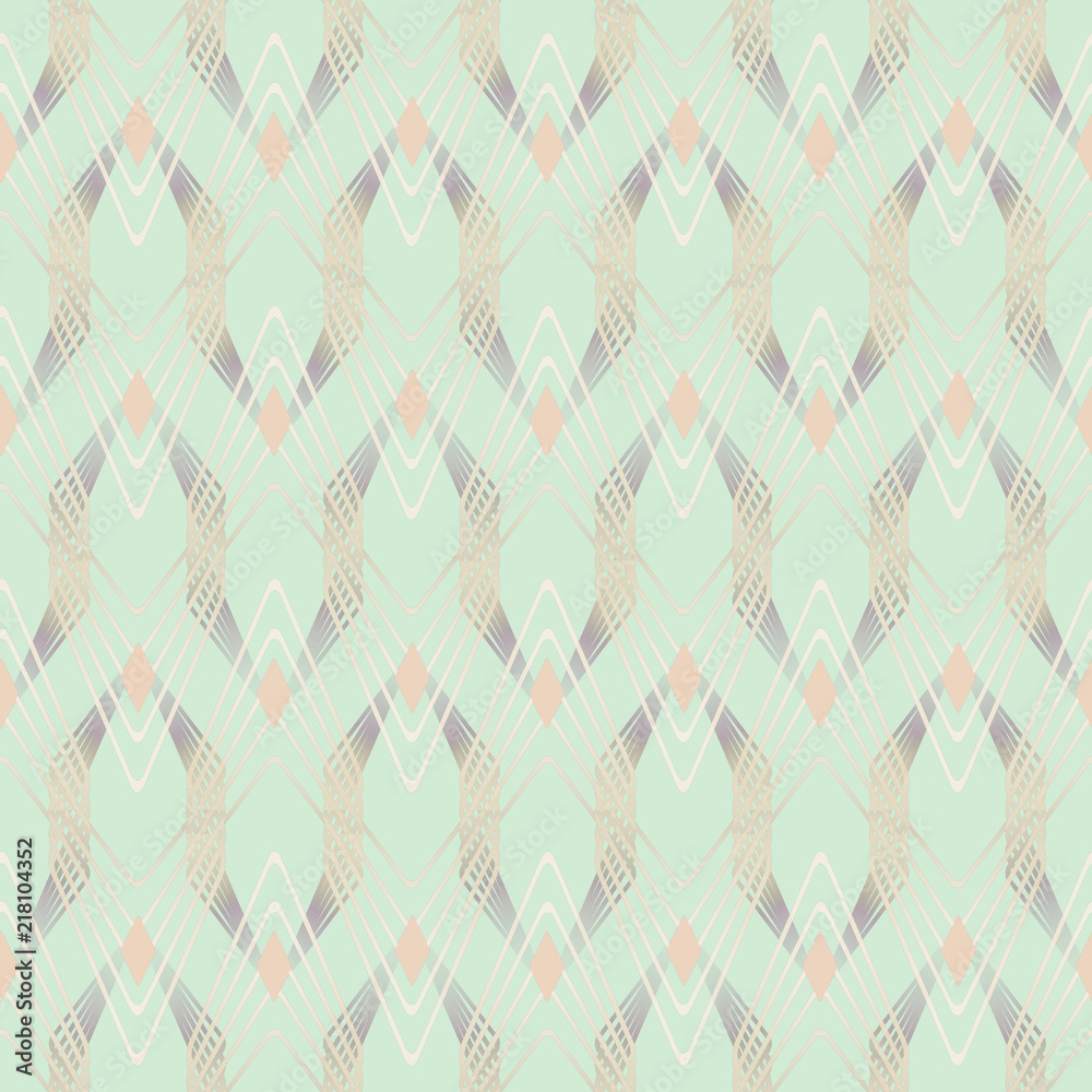 Seamless abstract geometric pattern in art Deco style, light green background. Seamless abstract geometric pattern in art Deco style, light green background.