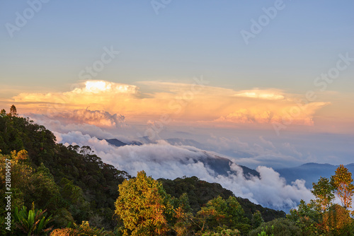 Closed up landscape of the high mountain cover with the beautiful mist and clouds. Active travel and vacation concept. © eskstock