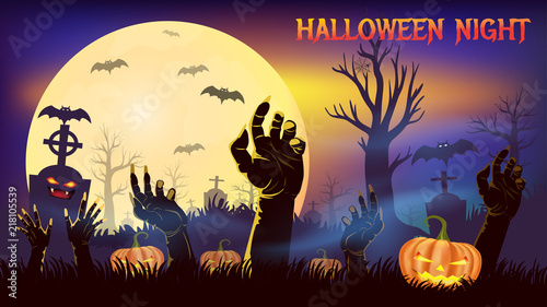 Zombie hand rising out of the grave with full moon background, Halloween night party concepts
