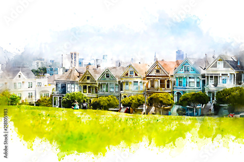 Iconic San Francisco Painted Ladies as watercolor photo