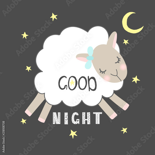 Hand drawn vector illustration of a cute funny lamb with lettering quote Good Night. Isolated objects.Scandinavian style flat design. Concept for children print
