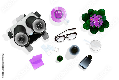 Top view on the table with education tools for chemistry or biology. Vector illustration isolated on white, cartoon style