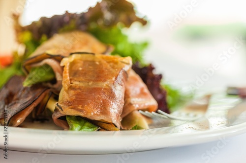 Closeup of a Salad with Ham and Aubergines
