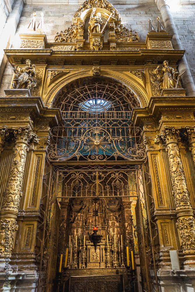 Side altar in Se Cathedral in Porto city in Portugal