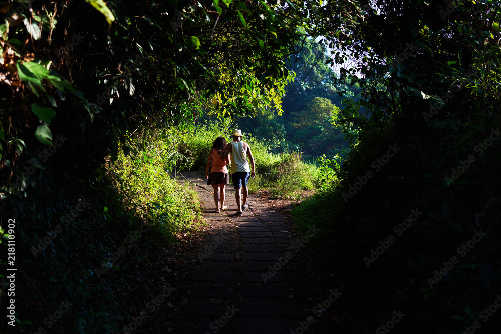 Back view of two young travelers walking together down path while enjoying beautiful nature landscape in summer. Couple of tourists spending recreation time outdoors during vacation holidays in Asia. Back view of two young travelers walking together down path while enjoying beautiful nature landscape in summer. Couple of tourists spending recreation time outdoors during vacation holidays in Asia.